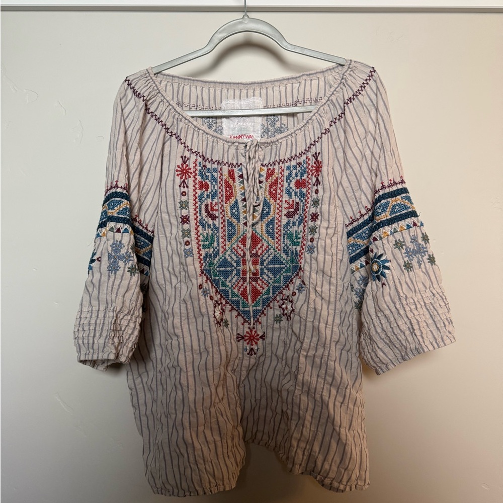 Johnny Was Striped Embroidered Blouse - Blue and Red